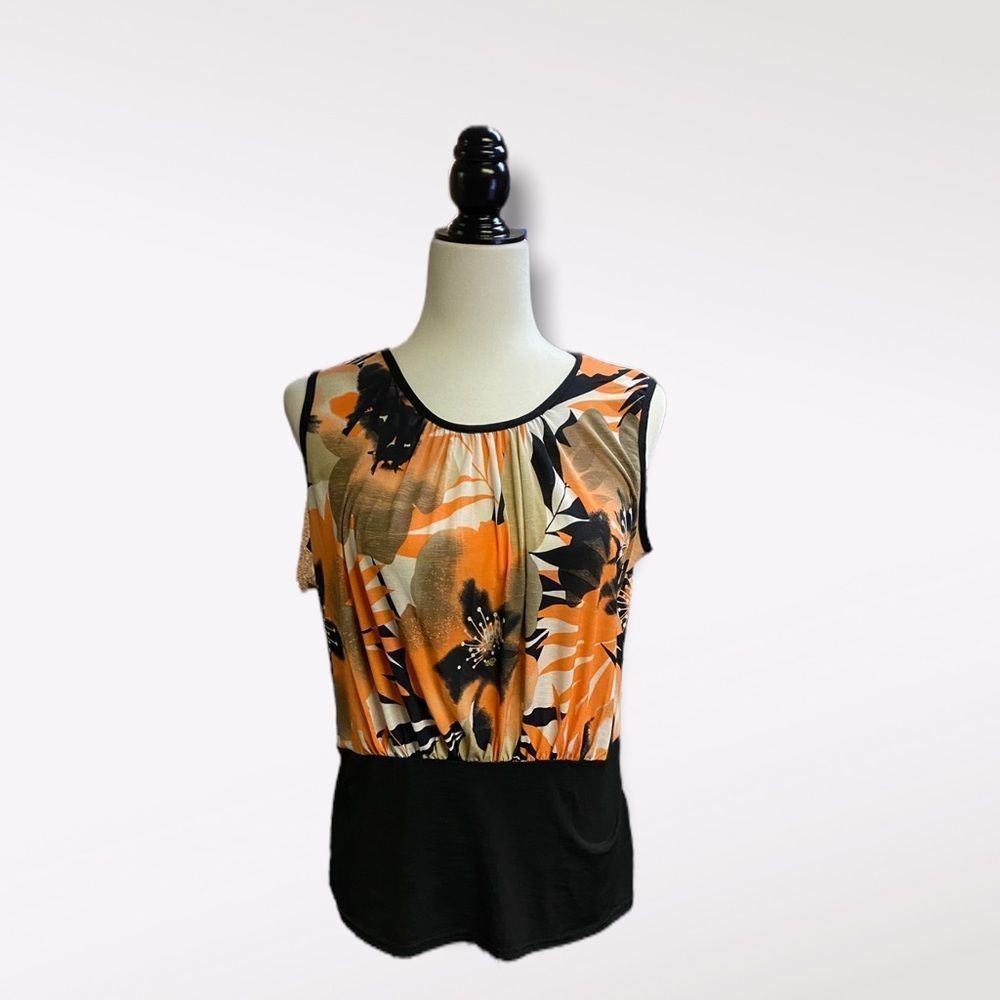 Marble | Orange and Black Tropical Blouse With Fitted Bottom